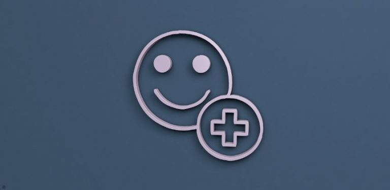 A white happy face and circle with a medical cross on a blue background.