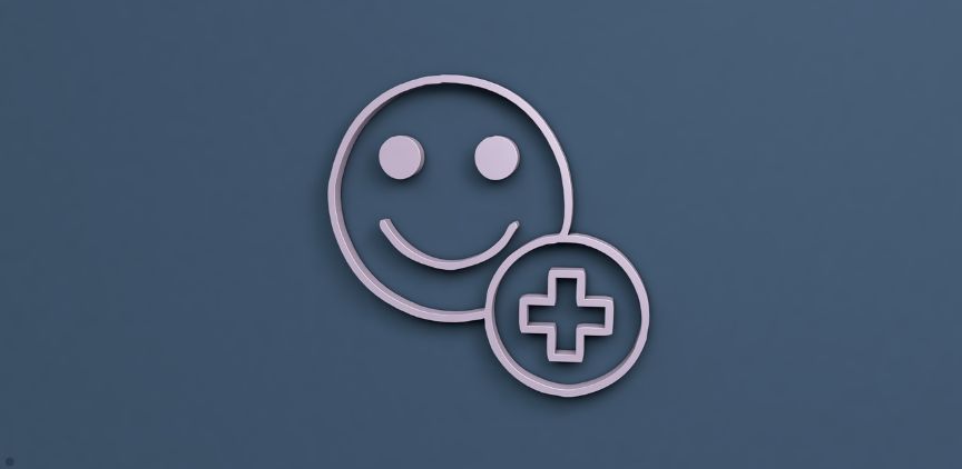 A white happy face and circle with a medical cross on a blue background.