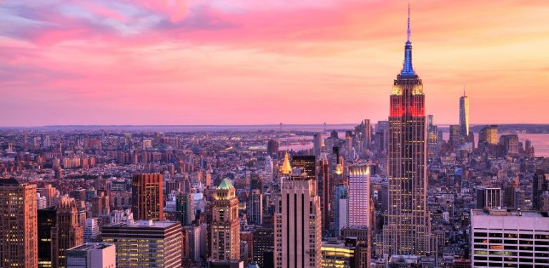 New York City skyline at sunset