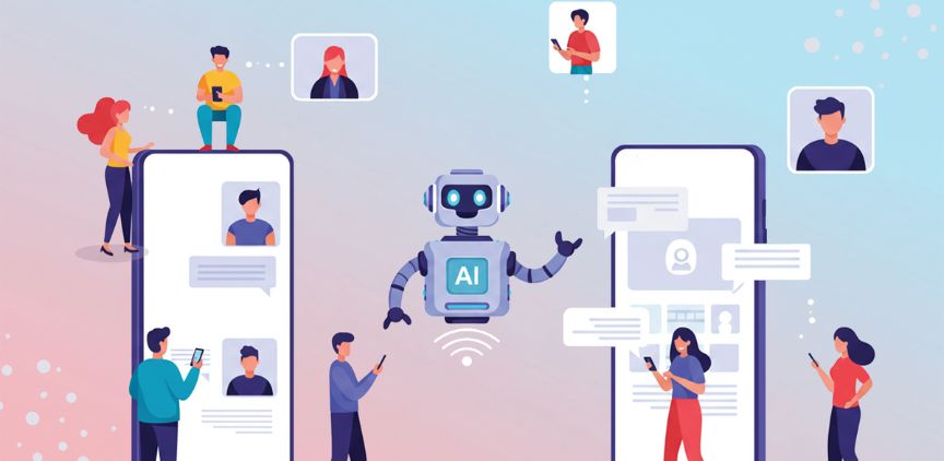 A digital drawing of a robot with two large cell phones on either side of it, and different people walking around looking at cell phones. They're all connected.